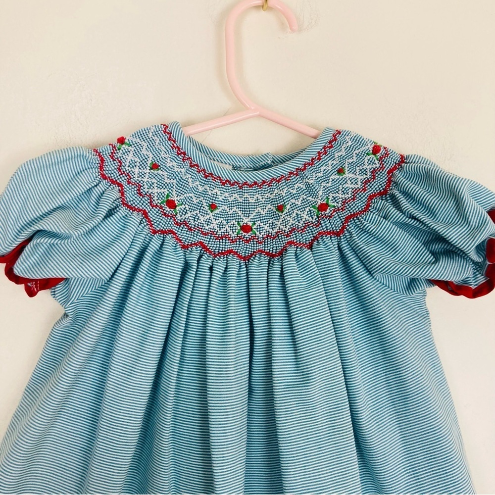 Lulu Bebe blue and white striped smocked dress with red embroidered floral. 12m - Picture 2 of 7